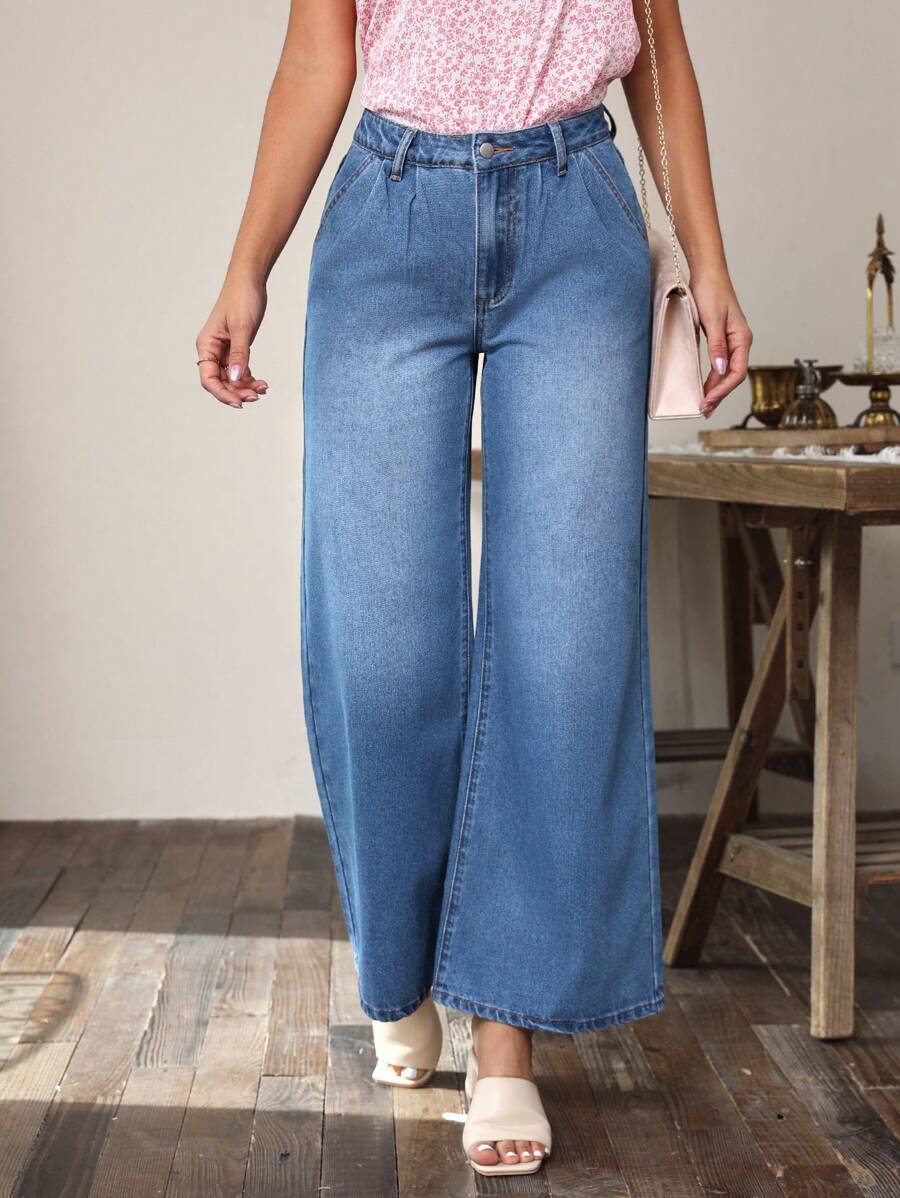 SHEIN LUNE 闊腿牛仔褲 - 中等水洗藍 - 查看 1