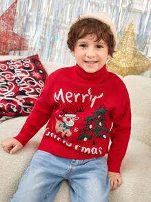 SHEIN Young Boy 1pc Christmas Tree & Slogan Pattern Turtle Neck Drop Shoulder Sweater,In Fall/Winter - Red - View 3