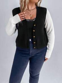 SHEIN LUNE Plus Two Tone Button Front Cardigan