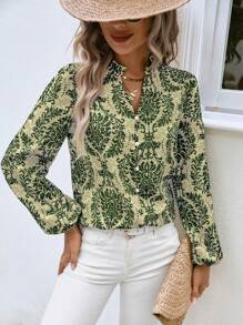 SHEIN VCAY Allover Print Lantern Sleeve Blouse - Green - View 5