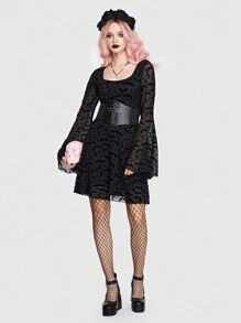 ROMWE Goth Bat Print Flare Sleeve Mesh Dress - Black - View 2