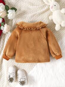 Baby Girl Cartoon Embroidery Peter Pan Collar Bow Front Jacket - Khaki - View 2