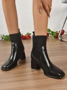 女士时尚高跟弹力踝靴、女士踝靴和短靴、百搭时尚靴子 - 黑色 - 查看 8