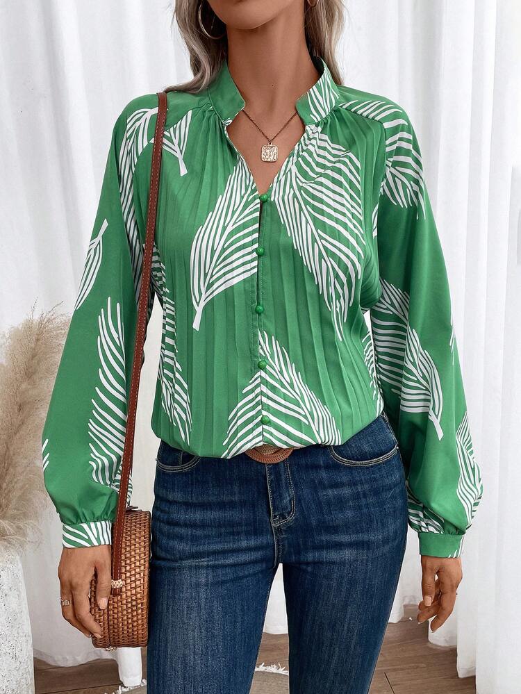 Tropical Print Notched Neckline Lantern Sleeve Blouse