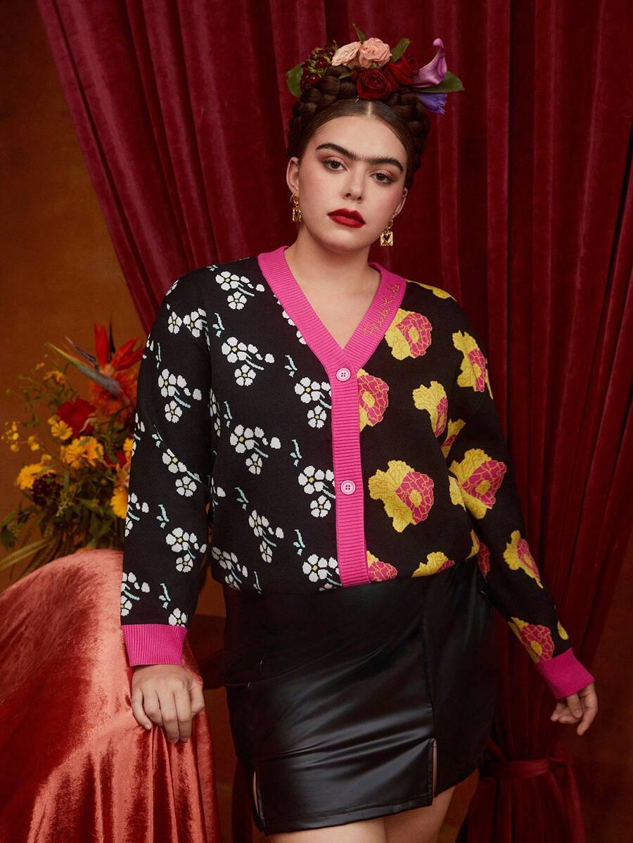 Frida Kahlo X SHEIN Hơn Mô hình hoa Viền tương phản Nút phía trước Áo len Mở - Nhiều màu - Xem 1