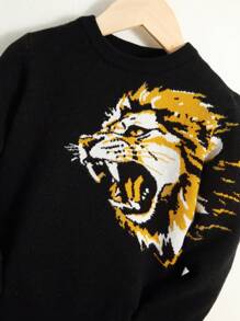 SHEIN Young Boy Lion Pattern Contrast Collar Sweater Without Shirt - Black - View 3