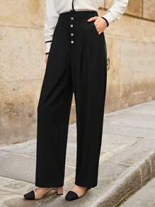 SHEIN Frenchy Nút phía trước Chi tiết xếp li Quần chân thẳng - màu đen - Xem 1