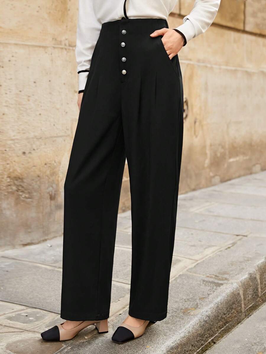 SHEIN Frenchy Nút phía trước Chi tiết xếp li Quần chân thẳng - màu đen - Xem 1