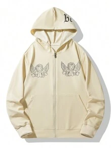 Manfinity Homme Men's Loose Fit Angel & Letter Graphics Zipper Hooded Sweatshirt - Khaki - View 3