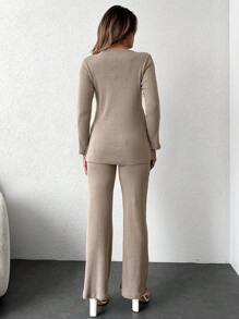 EURMUSE Solid Split Hem Tee & Flare Leg Pants - Beige - View 2