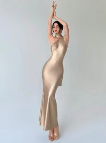 Aloruh Women'S Glossy Backless Prom Dress For Valentine'S Day, Dating And Parties - Champagne - View 2