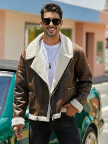 Men Teddy Lined Zip Up PU Leather Moto Jacket, Fall/Winter