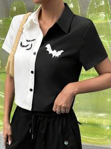 SHEIN Unity 萬聖節雙色蝙蝠圖案前紐扣襯衫 - 黑與白 - 查看 1