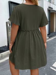 Vionelle Plus Button Front Frill Trim Smock Dress - Army Green - View 2