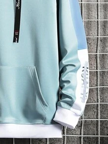 Men Letter Graphic Kangaroo Pocket Drawstring Hoodie - Baby Blue - View 4