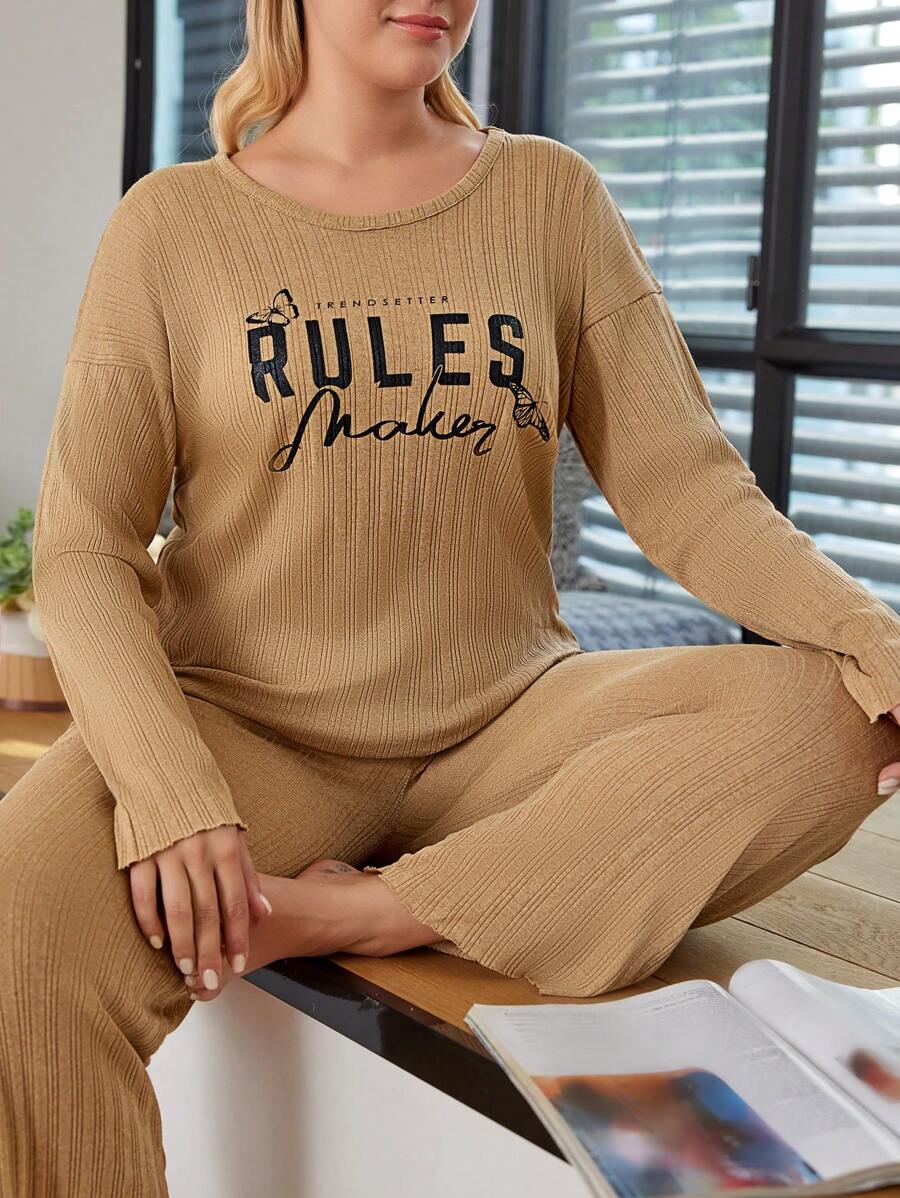 RueChic Plus Letter Graphic Drop Shoulder PJ Set - Khaki - View 1