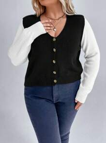 SHEIN LUNE Plus Two Tone Button Front Cardigan