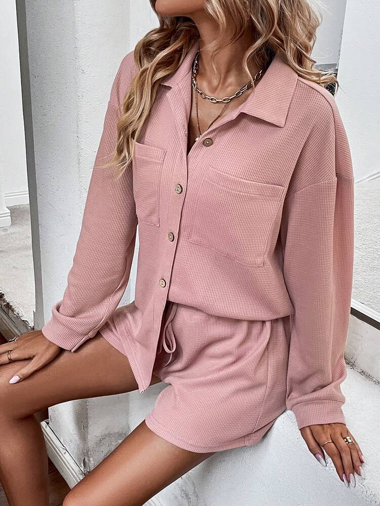 Drop Shoulder Pocket Patched Shirt & Shorts