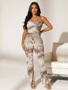 SHEIN SXY 紮染喇叭吊帶連體褲 - 棕色 - 查看 6