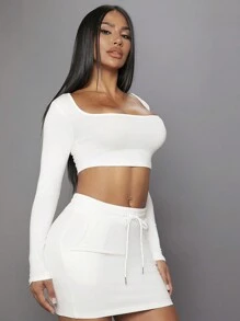 SHEIN SXY Square Neck Crop Tee - White - View 4
