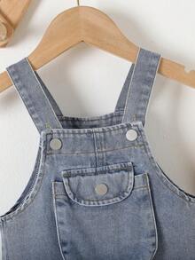 女嬰小熊印花翻蓋口袋牛仔背帶褲 - 淺色水洗藍 - 查看 3