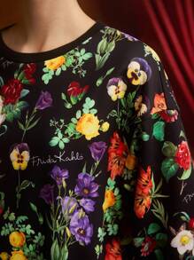 Frida Kahlo X SHEIN Floral Print Drop Shoulder Pullover & Leggings - Black - View 5