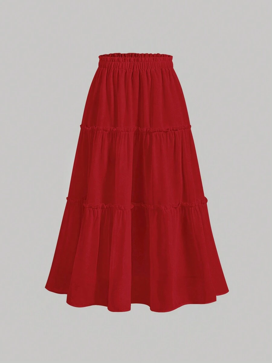 SHEIN MOD Solid Frill Trim Ruffle Hem Skirt - Red - View 1