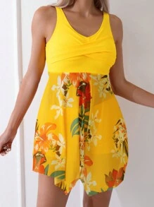 花卉印花褶皺背心泳衣套裝 - 黃色 - 查看 1