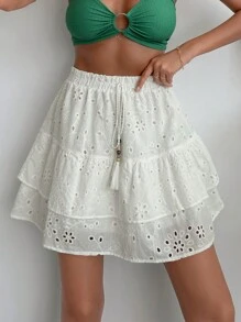 Cottnline Eyelet Embroidery Tassel Detail Layered Skirt - White - View 3