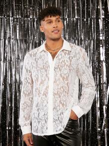 FeverCity Nam Nút phía trước Ren Áo sơ mi - trắng - Xem 1