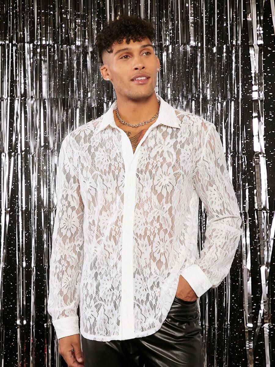 FeverCity Nam Nút phía trước Ren Áo sơ mi - trắng - Xem 1