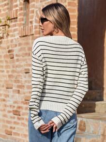 SHEIN LUNE Striped Pattern Boat Neck Drop Shoulder Sweater - Black and White - View 2