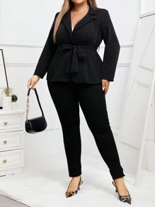 Celure 大碼西裝領腰帶西裝外套 - 黑色 - 查看 3