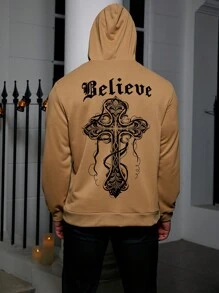 Manfinity LEGND Men Plus Letter Cross Graphic Drawstring Hoodie - Khaki - View 4