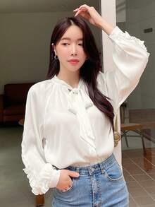 DAZY 繫帶領插肩袖襯衫 - 白色 - 查看 6