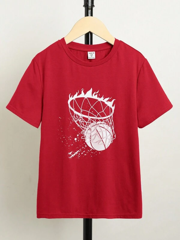 SHEIN Kids EVRYDAY Casual Red Basketball Print Knit TShirt For Tween