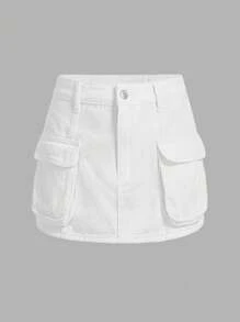 Flap Pocket Cargo Denim Skirt - White - View 1