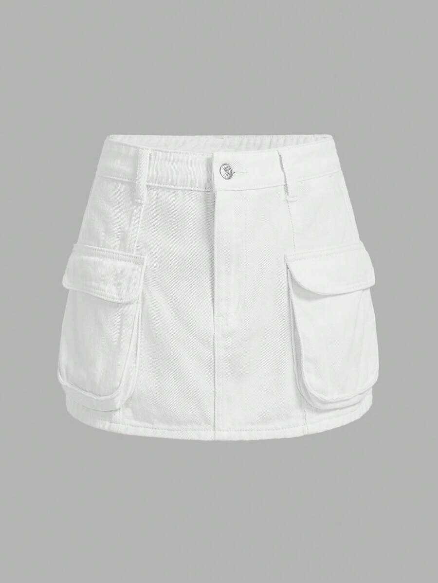 Flap Pocket Cargo Denim Skirt - White - View 1