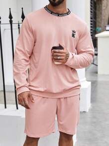 Manfinity Homme Men Plus Letter Graphic Sweatshirt & Drawstring Waist Shorts - Pink - View 3