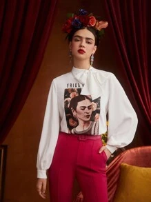 Frida Kahlo X SHEIN Đồ họa Hình & Khẩu hiệu Cà vạt Tay áo lồng đèn Áo sơ mi - trắng - Xem 4