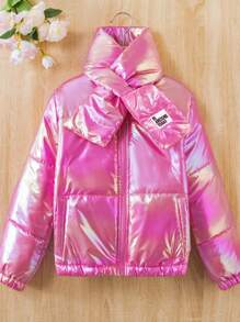 SHEIN Chaqueta acolchada con cremallera y bufanda holográfica para niña preadolescente