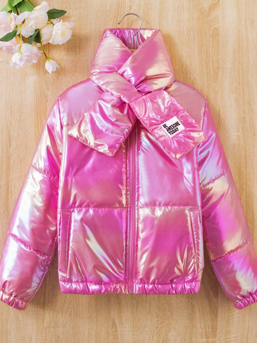 SHEIN Chaqueta acolchada con cremallera y bufanda holográfica para niña preadolescente