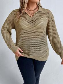 SHEIN LUNE Suéter de punto calado talla grande, suéter de punto de otoño e invierno - Caqui - Ver 5