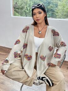 Flirla Hơn Thuốc nhuộm Không gian Hình trái tim Thả vai Áo len Duster - Màu be - Xem 6