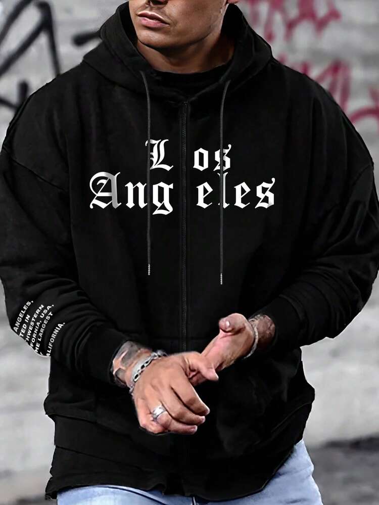 Manfinity Hypemode Sudadera Con Capucha Holgada Para Hombre Con Revestimiento Térmico Y Eslogan Gráfico, Estilo De Cierre De Cremallera Con Cordón, Camiseta No Incluida - Negro - Ver 3
