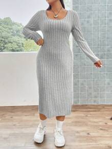 Flirla Plus Split Thigh Ribbed Knit Dress - Grey - View 3