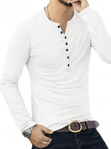 Men Round Neck Solid Half Button Long Sleeve Tee - Beige - View 3