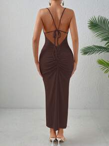 SHEIN Allurite Đầm Maxi hở vai nhún bèo hở lưng cho nữ - Cà phê - Xem 4