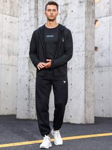 Manfinity Sport Corelite 男式动物印花拉链抽绳连帽运动夹克健身上衣运动夹克 - 黑色 - 查看 5