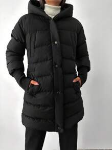 EURMUSE Solid Zip Up Hooded Puffer Coat - Black - View 5